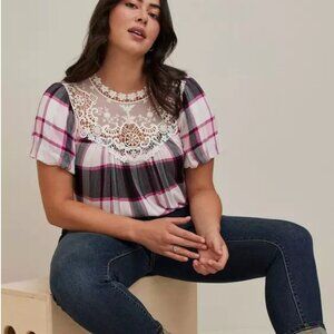 Torrid Plaid Crinkle Gauze Crochet Detail Top